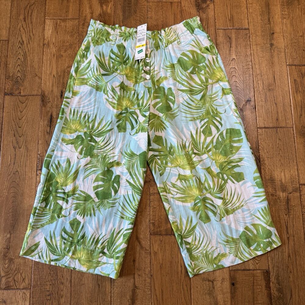 NWT Ruby Rd Pants Womens M Capri High Rise Linen Blend Wide Leg Tropical Palm